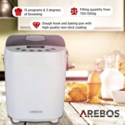 AREBOS Bread Maker 1500g With 15 Programs 2 Dough Hooks Timer LCD Display 3 Browning Degrees And Bread Sizes 850 W White -Small Appliances Store 28598327 3