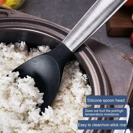LITZEE Silicone Stainless Steel Rice Serving Spoon With Hanging Hole Non-stick Kitchen Tool Black And Silver 3 LITZEE Silicone Stainless Steel Rice Serving Spoon With Hanging Hole Non-stick Kitchen Tool Black And Silver - Image 3
