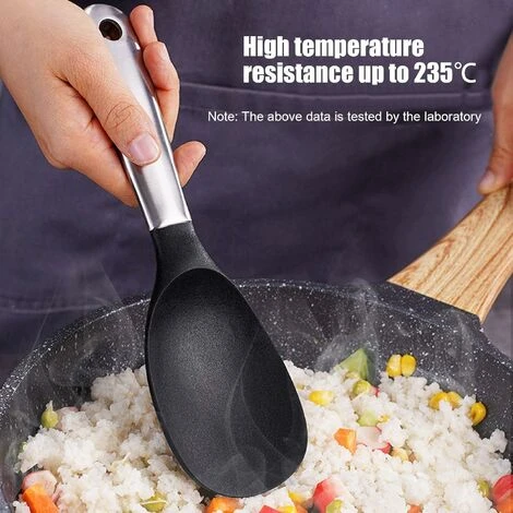 LITZEE Silicone Stainless Steel Rice Serving Spoon With Hanging Hole Non-stick Kitchen Tool Black And Silver 4 LITZEE Silicone Stainless Steel Rice Serving Spoon With Hanging Hole Non-stick Kitchen Tool Black And Silver - Image 4
