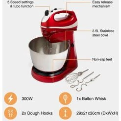 VonShef 2 In 1 Twin Hand & Stand Mixer - 300W Electric, Multifunctional, Red Mixer With 5 Speeds & Turbo Button, 3.5L Bowl & Removable, Dishwasher Safe Attachments (2X Beaters, 2X Dough Hooks & Whisk) -Small Appliances Store 54924560 3