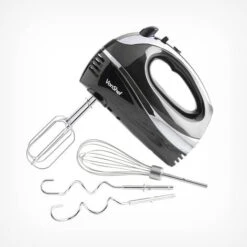 VonShef Professional 300W Hand Mixer, Black, Includes Chrome Beaters, Dough Hooks, Balloon Whisk + 5 Speed With Turbo Button