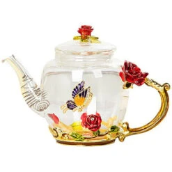 Glass Teapot - 280 Ml - France Enamel Rose Flower Butterfly Decoration Heat Resistant Glass Teapot Kettle With Strainer For Blooming Tea Loose Leaf Tea (Red, Single Teapot) -Small Appliances Store 60699773 3