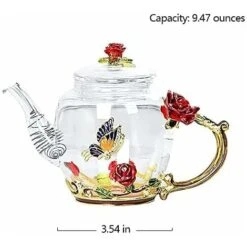 Glass Teapot - 280 Ml - France Enamel Rose Flower Butterfly Decoration Heat Resistant Glass Teapot Kettle With Strainer For Blooming Tea Loose Leaf Tea (Red, Single Teapot) -Small Appliances Store 60699773 4