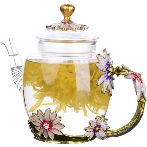 Glass Teapot - 280 Ml (9.47 Oz) - Glass Teapot With France Enamel Chrysanthemum Flower/Heat Resistant Glass Teapot Kettle With Strainer For Blooming Tea, Loose Leaf Tea 1 Glass Teapot - 280 Ml (9.47 Oz) - Glass Teapot With France Enamel Chrysanthemum Flower/Heat Resistant Glass Teapot Kettle With Strainer For Blooming Tea, Loose Leaf Tea