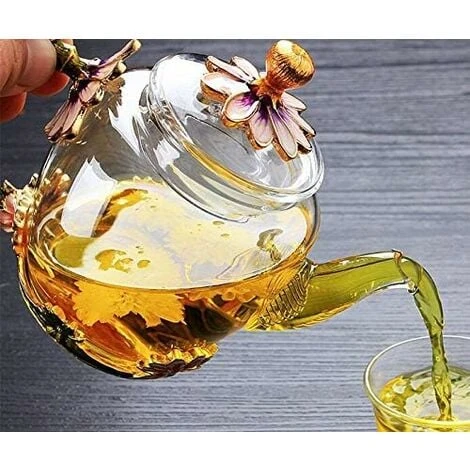 Glass Teapot - 280 Ml (9.47 Oz) - Glass Teapot With France Enamel Chrysanthemum Flower/Heat Resistant Glass Teapot Kettle With Strainer For Blooming Tea, Loose Leaf Tea 2 Glass Teapot - 280 Ml (9.47 Oz) - Glass Teapot With France Enamel Chrysanthemum Flower/Heat Resistant Glass Teapot Kettle With Strainer For Blooming Tea, Loose Leaf Tea - Image 2