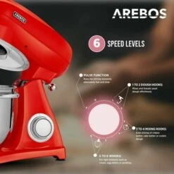 AREBOS Retro Food Processor 1800 W Red Kneading Machine With 6L Stainless Steel Mixing Bowl Low Noise Kitchen Mixer With Mixing Hook, Dough Hook, Whisk And Splash Guard 6 Speeds -Small Appliances Store 61306737 3