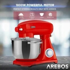 AREBOS Retro Food Processor 1800 W Red Kneading Machine With 6L Stainless Steel Mixing Bowl Low Noise Kitchen Mixer With Mixing Hook, Dough Hook, Whisk And Splash Guard 6 Speeds -Small Appliances Store 61306737 4