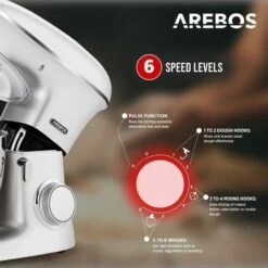 AREBOS Food Processor 1500 W Kneading Machine With 8 L Stainless Steel Mixing Bowl Low Noise Kitchen Mixer With Stirring Hook, Dough Hook, Whisk, Splash Guard 6 Speeds Dough Machine Silver 7 AREBOS Food Processor 1500 W Kneading Machine With 8 L Stainless Steel Mixing Bowl Low Noise Kitchen Mixer With Stirring Hook, Dough Hook, Whisk, Splash Guard 6 Speeds Dough Machine Silver -Small Appliances Store 61306739 3