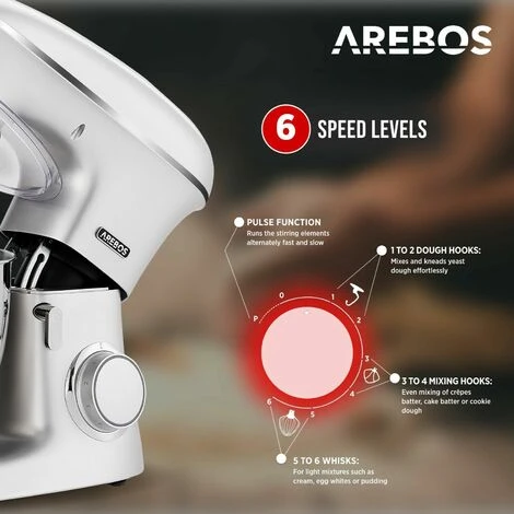 AREBOS Food Processor 1500 W Kneading Machine With 8 L Stainless Steel Mixing Bowl Low Noise Kitchen Mixer With Stirring Hook, Dough Hook, Whisk, Splash Guard 6 Speeds Dough Machine Silver 3 AREBOS Food Processor 1500 W Kneading Machine With 8 L Stainless Steel Mixing Bowl Low Noise Kitchen Mixer With Stirring Hook, Dough Hook, Whisk, Splash Guard 6 Speeds Dough Machine Silver - Image 3