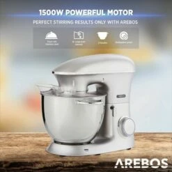 AREBOS Food Processor 1500 W Kneading Machine With 8 L Stainless Steel Mixing Bowl Low Noise Kitchen Mixer With Stirring Hook, Dough Hook, Whisk, Splash Guard 6 Speeds Dough Machine Silver 8 AREBOS Food Processor 1500 W Kneading Machine With 8 L Stainless Steel Mixing Bowl Low Noise Kitchen Mixer With Stirring Hook, Dough Hook, Whisk, Splash Guard 6 Speeds Dough Machine Silver -Small Appliances Store 61306739 4