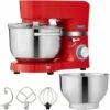 AREBOS Food Processor 1500 W Red Kneading Machine With 2 X Stainless Steel Mixing Bowls Low Noise Kitchen Mixer With Mixing Hook, Dough Hook, Whisk And Splash Guard 6 Speeds