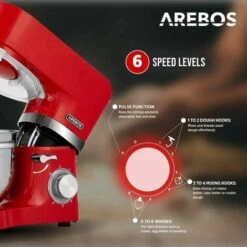 AREBOS Food Processor 1500 W Red Kneading Machine With 2 X Stainless Steel Mixing Bowls Low Noise Kitchen Mixer With Mixing Hook, Dough Hook, Whisk And Splash Guard 6 Speeds -Small Appliances Store 61306740 3