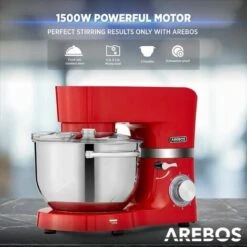AREBOS Food Processor 1500 W Red Kneading Machine With 2 X Stainless Steel Mixing Bowls Low Noise Kitchen Mixer With Mixing Hook, Dough Hook, Whisk And Splash Guard 6 Speeds -Small Appliances Store 61306740 4