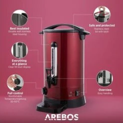 AREBOS Mulled Wine Cooker 1650 W Hot Drink Dispenser 20 L With Drip Tray, Outlet Tap, Thermostat And Overheating Protection Temperature Setting From 30 - 110 °C Red -Small Appliances Store 63743229 3