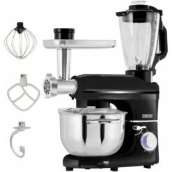 AREBOS 6-in-1 Food Processor 1500 W Black Meat Grinder Blender Pasta Machine Kneading Machine With Stainless Steel Bowl 5.5 L Kitchen Mixer With Mixing Hook, Dough Hook, Whisk, Splash Guard