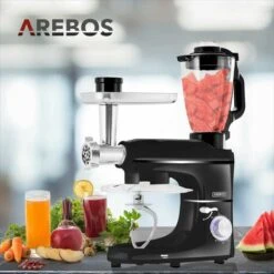 AREBOS 6-in-1 Food Processor 1500 W Black Meat Grinder Blender Pasta Machine Kneading Machine With Stainless Steel Bowl 5.5 L Kitchen Mixer With Mixing Hook, Dough Hook, Whisk, Splash Guard -Small Appliances Store 65711670 4
