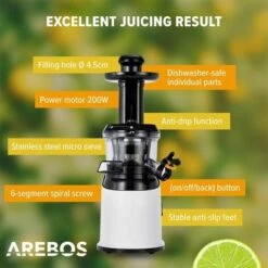 AREBOS Slow Juicer White Or Stainless Steel 45 Mm Filling Opening 200 W BPA Free Drip Stop Function Micro Strainer Dishwasher Safe Includes Cleaning Brush (White) -Small Appliances Store 65711699 3