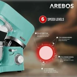 AREBOS Food Processor 1500 W Turquoise Kneading Machine With 2 X Stainless Steel Mixing Bowls 4.5 & 5.5 L Low Noise Kitchen Mixer With Mixing Hook, Dough Hook, Whisk And Splash Guard 6 Speeds -Small Appliances Store 65711700 3