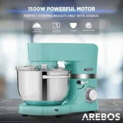 AREBOS Food Processor 1500 W Turquoise Kneading Machine With 2 X Stainless Steel Mixing Bowls 4.5 & 5.5 L Low Noise Kitchen Mixer With Mixing Hook, Dough Hook, Whisk And Splash Guard 6 Speeds -Small Appliances Store 65711700 4