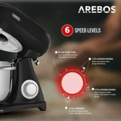 AREBOS Retro Food Processor 1800 W Black Kneading Machine With 6 L Stainless Steel Mixing Bowl Low Noise Kitchen Mixer With Stirring Hook, Dough Hook, Whisk And Splash Guard 6 Speeds -Small Appliances Store 66438937 3