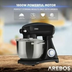 AREBOS Retro Food Processor 1800 W Black Kneading Machine With 6 L Stainless Steel Mixing Bowl Low Noise Kitchen Mixer With Stirring Hook, Dough Hook, Whisk And Splash Guard 6 Speeds -Small Appliances Store 66438937 4