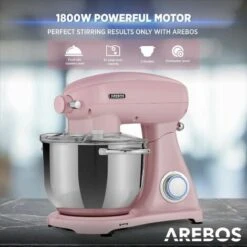 AREBOS Retro Kitchen Machine 1800W Pink Mixer With 6L Stainless Steel Mixing Bowl Silent Kitchen Mixer With Mixing Hook, Dough Hook, Whisk And Splash Guard 6 Speeds -Small Appliances Store 66438938 4
