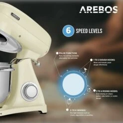 AREBOS Retro Food Processor 1800 W Cream Kneading Machine With 6L Stainless Steel Mixing Bowl Low Noise Kitchen Mixer With Mixing Hook, Dough Hook, Whisk And Splash Guard 6 Speeds -Small Appliances Store 66438943 3