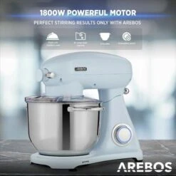 AREBOS Retro Food Processor 1800W Blue Mixer With 6L Stainless Steel Mixing Bowl Silent Kitchen Mixer With Mixing Hook, Dough Hook, Whisk And Splash Guard 6 Speeds -Small Appliances Store 66438944 4