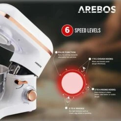 AREBOS Stand Mixer 1500W With 6L Stainless Steel Mixing Bowl White Rose Gold Incl. Mixing Hook, Dough Hook, Whisk Splash Guard 6 Speeds Kneading Machine Dough Machine 7 AREBOS Stand Mixer 1500W With 6L Stainless Steel Mixing Bowl White Rose Gold Incl. Mixing Hook, Dough Hook, Whisk Splash Guard 6 Speeds Kneading Machine Dough Machine -Small Appliances Store 67421057 3