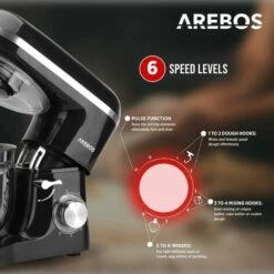 AREBOS Stand Mixer 1500 W With 6 L Stainless Steel Mixing Bowl, Incl. Whisk, Dough Hook, Flat Beater And Splash Guard, 6 Speed Settings And Pulse Function -Small Appliances Store 67424895 3