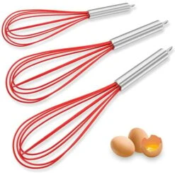 Silicone Whisk, Balloon Whisk Set, Wire Whisk, Egg Frother, Milk And Egg Beater Blender-Kitchen Utensils For Blending, Whisking, Beating, Stirring, Set Of 3, Red