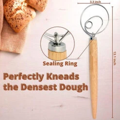 Dough Whisk - Bread Making Tools - Bread Dough Mixer Hand - Bread Dough Whisk For Pastry - Large Stainless Steel Swedish Whisk With Wooden Handle 13.1 Inch -Small Appliances Store 68106356 3