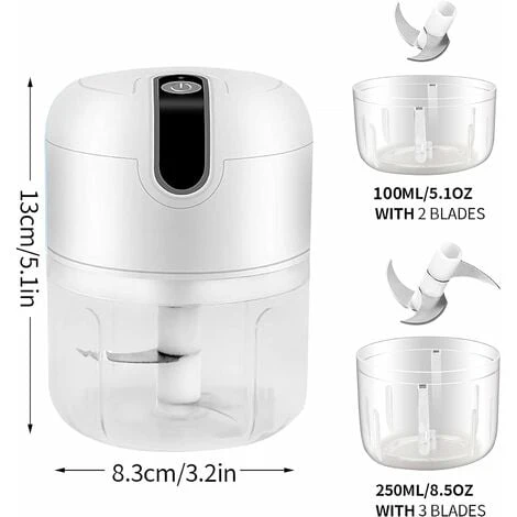 Mini Electric Chopper, 250ML&100ML Cordless Electric Meat Grinder, Portable Food Blender Kitchen Electric Chopper With Vegetable Chopper Blade For Baby Food, Meat, Garlic (White) 2 Mini Electric Chopper, 250ML&100ML Cordless Electric Meat Grinder, Portable Food Blender Kitchen Electric Chopper With Vegetable Chopper Blade For Baby Food, Meat, Garlic (White) - Image 2