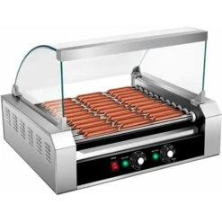 COSTWAY 1400W Hot Dog Roller Machine, 11 Rollers Sausage Grill With 2 Heating Zones, 0-250¡ãC Temperature Adjustment & Tempered Glass Hood, Stainless Steel Electric Roller For Commercial Household