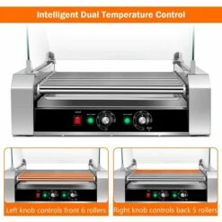 COSTWAY 1400W Hot Dog Roller Machine, 11 Rollers Sausage Grill With 2 Heating Zones, 0-250Â¡Ã£C Temperature Adjustment & Tempered Glass Hood, Stainless Steel Electric Roller For Commercial Household -Small Appliances Store 74656372 3