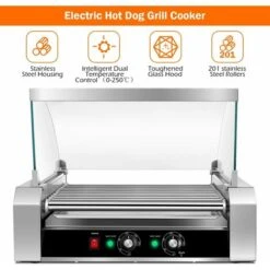 COSTWAY 1400W Hot Dog Roller Machine, 11 Rollers Sausage Grill With 2 Heating Zones, 0-250Â¡Ã£C Temperature Adjustment & Tempered Glass Hood, Stainless Steel Electric Roller For Commercial Household -Small Appliances Store 74656372 4
