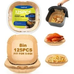 Air Fryer Paper Liners,125Pcs Parchment Paper, Air Fryer Disposable Paper Liner For Microwave, Non-Stick Air Fryer Liners Square Free Of Bleach (8IN)