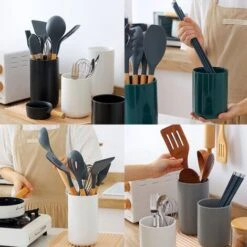 Kitchen Utensil Holder,Cooking Utensil Holder For Kitchen Counter, Cream White Ceramic Utensil Crock Grey Medium -Small Appliances Store 78327221 5