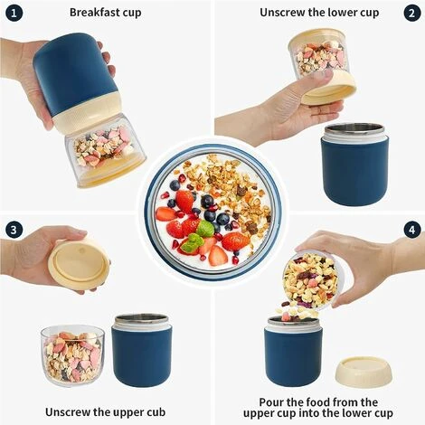 Cereal Bowl With Separate Container 400ml Cereal Bowl Yoghurt Coffee Mug Leak Proof Plastic Cup For Breakfast Picnic Travel (Blue) 3 Cereal Bowl With Separate Container 400ml Cereal Bowl Yoghurt Coffee Mug Leak Proof Plastic Cup For Breakfast Picnic Travel (Blue) - Image 3