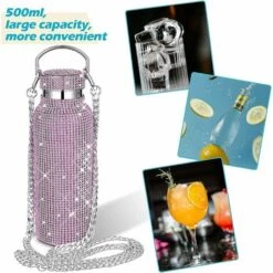 Refillable Water Bottle Insulated Water Bottle Glitter Water Bottle With Chain For Women (Pink, Silver, 750ml) -Small Appliances Store 78703145 3