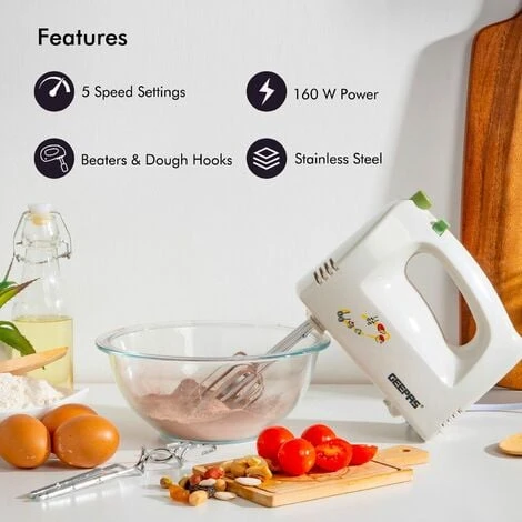 Hand Food Mixer 5 Speeds Electric 160W With Egg Beaters & Dough Hooks Geepas 2 Hand Food Mixer 5 Speeds Electric 160W With Egg Beaters & Dough Hooks Geepas - Image 2