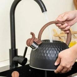 Induction Whistling Kettle 2.5L Black Kettle With Heat Resistant Wooden Handle Vintage Stainless Steel For Induction Cookers Gas Stoves Wood Stoves 8 Induction Whistling Kettle 2.5L Black Kettle With Heat Resistant Wooden Handle Vintage Stainless Steel For Induction Cookers Gas Stoves Wood Stoves -Small Appliances Store 85991434 4