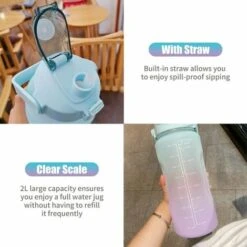 2L Water Bottle With Marker &amp Large Straw Water Bottle With Handle Leak Proof Reusable Water Pitcher For Hiking, Traveling, Outdoor Sports, Gym, Fitness, Pink -Small Appliances Store 93453073 3