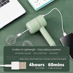 Portable Electric Hand Mixer, 3 Speed Cordless Egg Whisk, USB Rechargeable Kitchen Mixer, Cordless Mini Hand Mixer With 2 Stainless Steel Beaters For Egg Cake Cream -Small Appliances Store 93486105 3