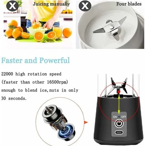Mélangeur Personnel, Portable Blenders Gobelet Mélangeur De Fruits électrique Mixeur De Jus USB, Rechargeable, 6 Lames En 3D Pour Un Superbe Mélange, 380 Ml Noir 4 Mélangeur Personnel, Portable Blenders Gobelet Mélangeur De Fruits électrique Mixeur De Jus USB, Rechargeable, 6 Lames En 3D Pour Un Superbe Mélange, 380 Ml Noir - Image 4