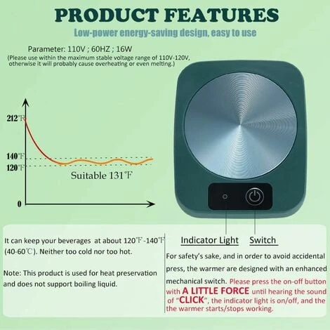 Coffee Mug Cup Warmer Coaster For Coffee Tea Cocoa Milk Food Fruits Candle, Aluminum Metal Panel, Safe Reliable, Green (4" X 5") 2 Coffee Mug Cup Warmer Coaster For Coffee Tea Cocoa Milk Food Fruits Candle, Aluminum Metal Panel, Safe Reliable, Green (4" X 5") - Image 2