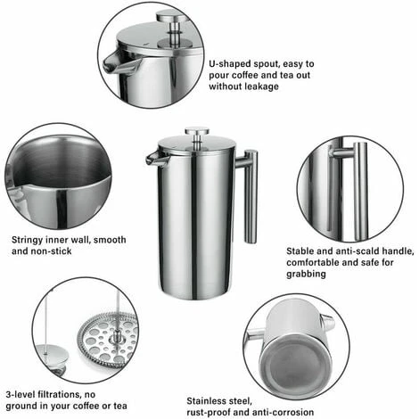 French Press 304 Stainless Steel Thermal Coffee Maker Teapot 800ML 3 Filters Anti-scald Handle Anti-rust Coffee Press 2 French Press 304 Stainless Steel Thermal Coffee Maker Teapot 800ML 3 Filters Anti-scald Handle Anti-rust Coffee Press - Image 2