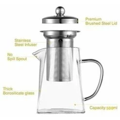 Square Glass Teapot With Infuser, 500ml Borosilicate Teapot With Strainer, Clear Loose Leaf Teapots For Loose Tea -Small Appliances Store 97102280 5