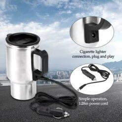 Electric Heated Travel Mug 12V 454ML Stainless Steel Travel Mug With Lid And Handle Electric Insulated Plug Kettles Car Coffee Mug Warmer,16.5CM -Small Appliances Store 99569326 3